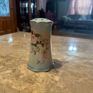 Vintage Floral Porcelain Hat Pin Pink Roses Gold Trim Blue Glam Retro Cottage